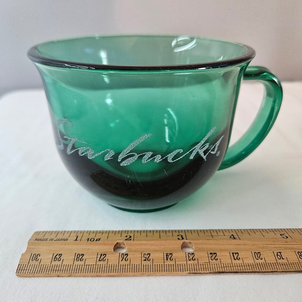 Starbucks Emerald Green Translucent Glass Coffee Mug Glitter‎ Script Wide Mouth